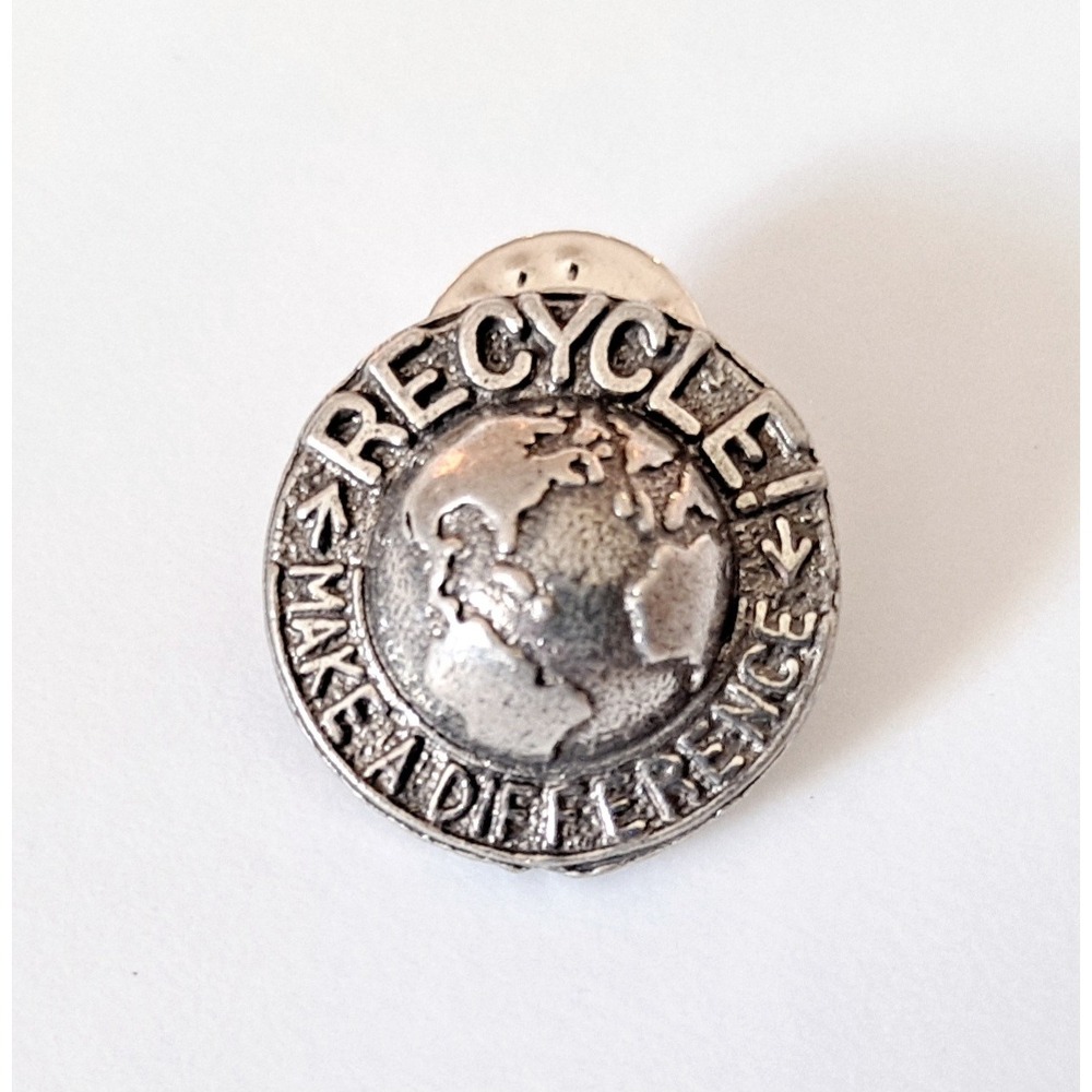 Recycle Lapel Pin Make A Difference Earth Globe Silver Tone Domed Environmental